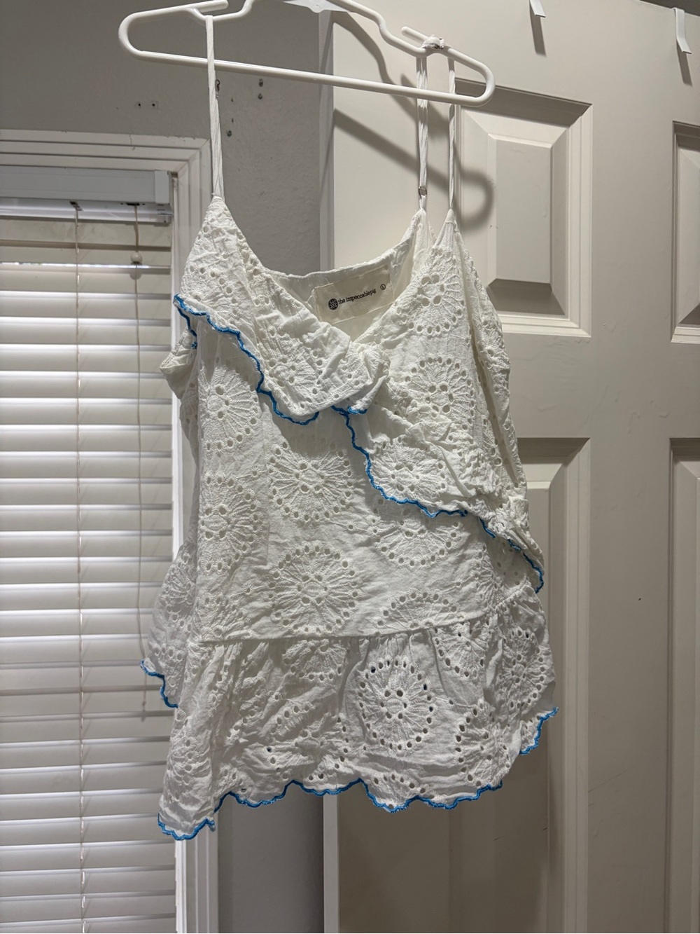 The Impeccable Pig White Eyelet Ruffle Tank with Blue Trim